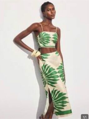2 piece set-Tropical Green Print Midi Skirt & top- Women's